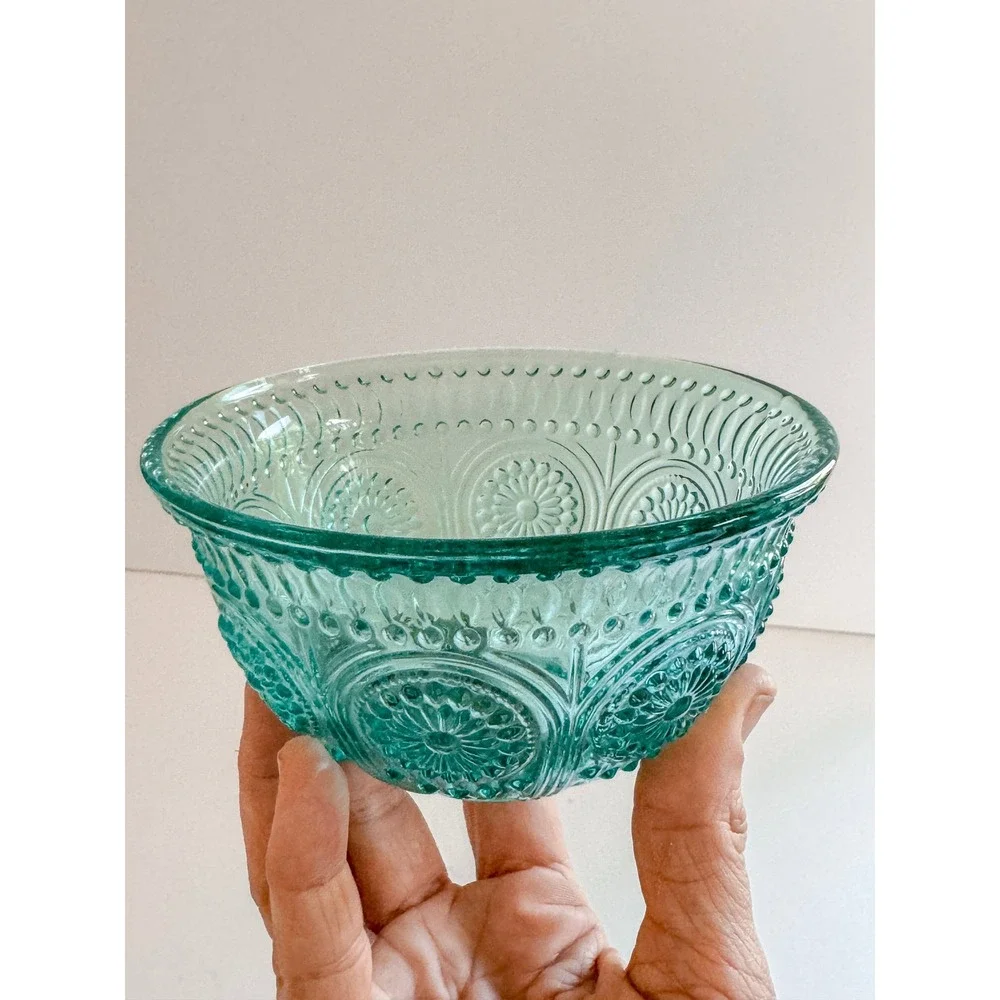 The Pioneer Woman Adeline Teal Glass Bowl Embossed Floral 6 Inch Round